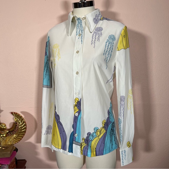 Vintage 1970 Mod Art Deco Lady Print Dagger collar Blouse - Picture 3 of 17